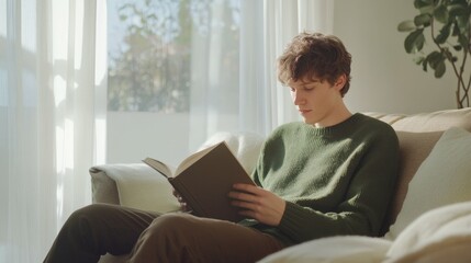 Casual man in a green sweater seated on a couch reading a book in a bright living room soft natural light and minimalistic decor calm and reflective setting