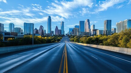 Fototapeta premium Empty highway leading towards modern city skyline under a bright blue sky.