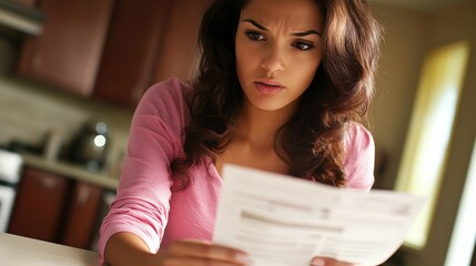 Woman in a pink blouse with light skin sitting at a dining table looking at a utility bill with frustration modern kitchen background soft artificial lighting minimalist style