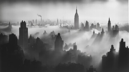 Fototapeta premium A Dramatic Black and White Urban Landscape with Misty Elements, Shimmering Light Rays and Iconic Skyscrapers in a Foggy New York City Setting