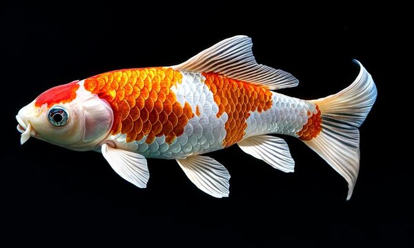 Koi fish with orange and white scales swimming against a black background.