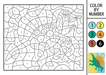 Vector dinosaur color by number activity with Spinosaurus in the desert. Prehistoric landscape scene. Black and white counting game with ancient animal. Coloring page, mosaic painting for kids