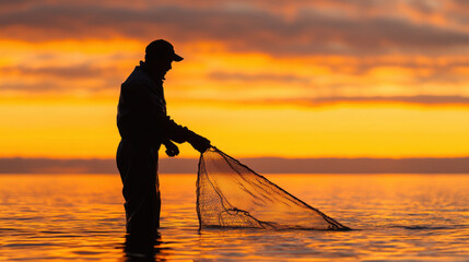 Pacific Ocean. A silhouette of a person holding a fishing net at sunset, with vibrant orange and purple hues reflecting on the water.