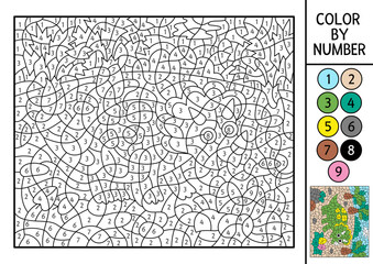Vector dinosaur color by number activity with triceratops, eggs and palm trees. Prehistoric landscape scene. Black and white counting game with ancient animal. Coloring page, mosaic painting for kids
