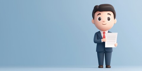 Obraz premium A cartoon businessman holding a document, symbolizing professionalism and success.