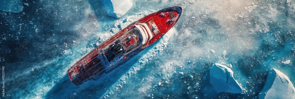 Aufkleber a red icebreaker ship cuts through frozen polar waters, surrounded by massive glaciers under a brigh