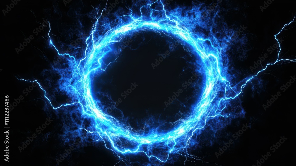 Poster glowing electric blue lightning round frame with plasma portal, isolated on transparent layer overla