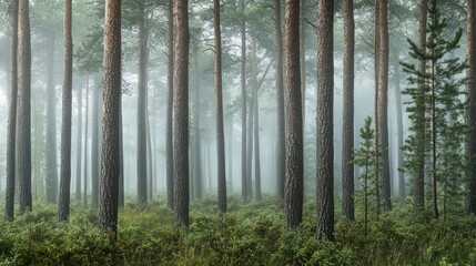 Obraz premium Misty Pine Forest Enchantment: A Serene Landscape