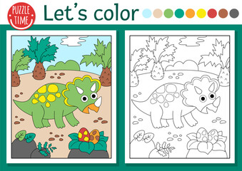 Fototapeta premium Dinosaur coloring page for children with triceratops. Vector outline illustration with prehistoric landscape. Color book for kids with colored example. Drawing skills printable worksheet