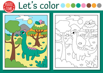 Dinosaur coloring page for children with brachiosaur. Vector outline illustration with prehistoric landscape. Color book for kids with colored example. Drawing skills printable worksheet