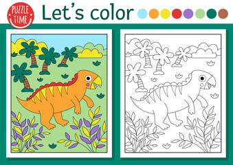 Dinosaur coloring page for children with iguanodon. Vector outline illustration with prehistoric landscape. Color book for kids with colored example. Drawing skills printable worksheet