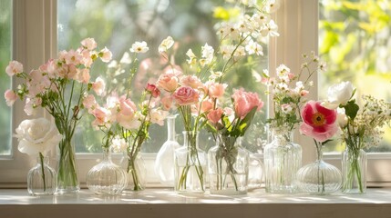 Delicate pink and white flowers arranged in various glass vases on a bright, sunlit surface in a tranquil indoor setting