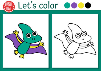 Dinosaur coloring page for children with little baby pterosaur. Vector prehistoric outline illustration. Simple color book for kids with colored example. Drawing skills printable worksheet