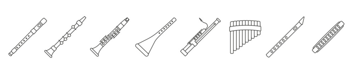 Set of wind musical instruments. Wind musical instruments with the name in a thin line.
