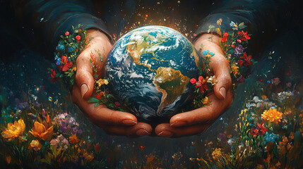 Global harmony illustrated through hands holding a vibrant Earth surrounded by colorful flowers in...