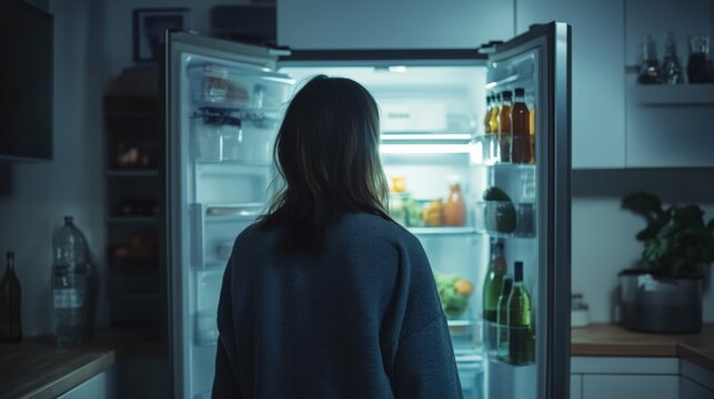 woman looking at shelves inside a bright refrigerator clean and modern kitchen design neutral lighting