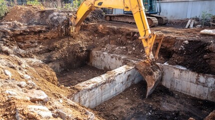 Fototapeta premium Excavator Digging Foundation for Construction Project