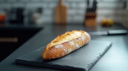 Baguette slice on a slate plate modern food photography style with soft studio lighting and blurred kitchen utensils in background