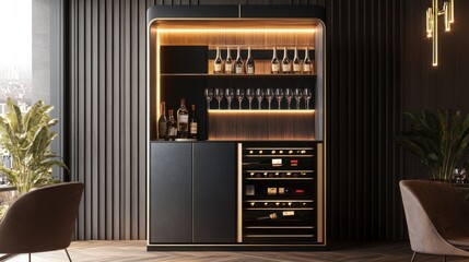 Modern wine cabinet with integrated cooler in luxury apartment.