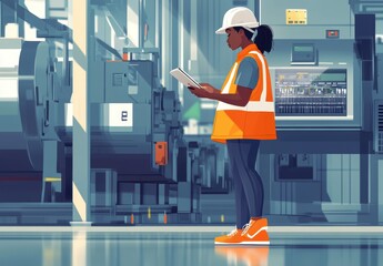 Obraz premium Industrial Worker in Safety Gear Checking Tablet in Modern Factory Environment with Machinery and Equipment in Background