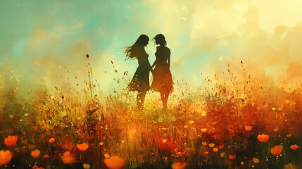 Two friends enjoying a sunset moment in a vibrant flower field during a warm summer evening. Generative AI