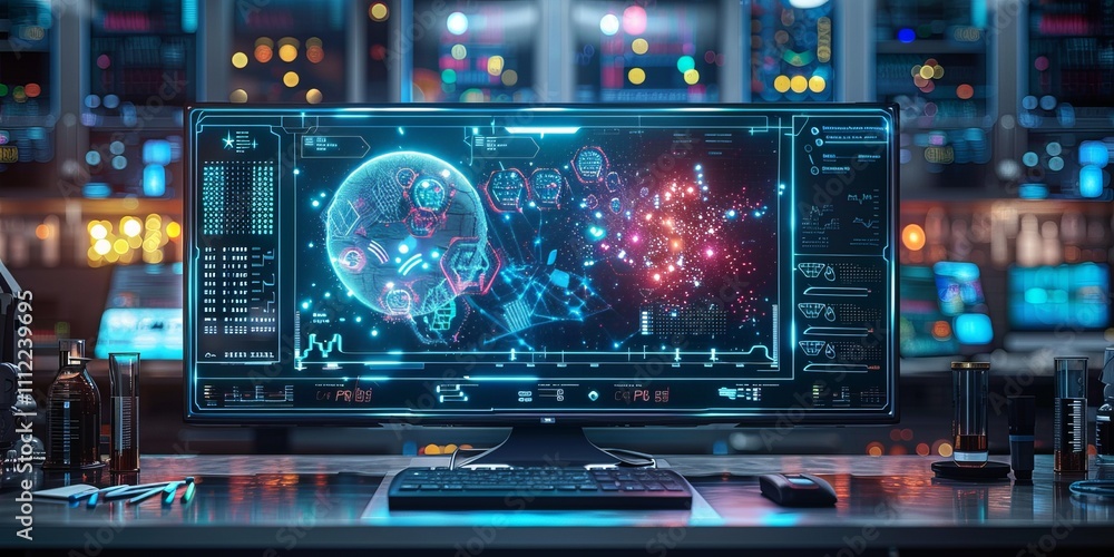 Poster futuristic computer workstation displaying holographic data, molecular structures, and analytics, sy