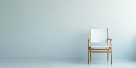 A minimalist chair against a light blue wall, creating a calm and serene atmosphere.