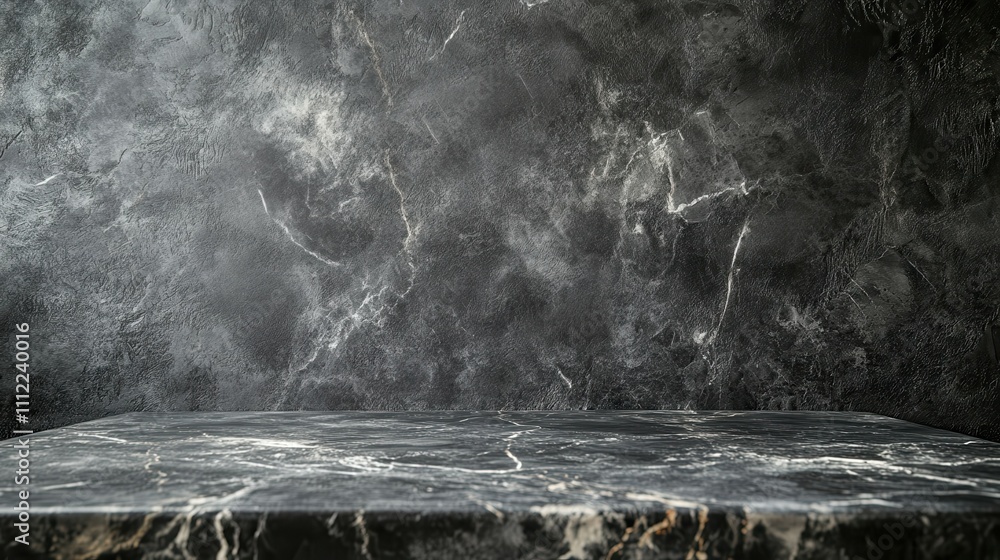 Poster empty grey marble tabletop with dark black cement stone background for product displayed in rustic m