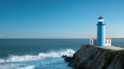 Pacific Ocean. A serene coastal scene featuring a blue and white lighthouse standing on cliffs beside a turbulent ocean under a clear sky.