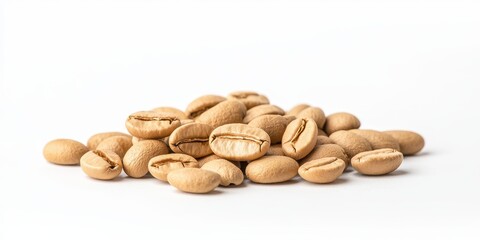 Obraz premium A pile of raw coffee beans showcasing their unique shape and texture against a white background.