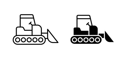 Bulldozer icons in black filled and outlined style