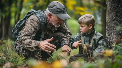Grandfather and Grandson Exploring the Woods