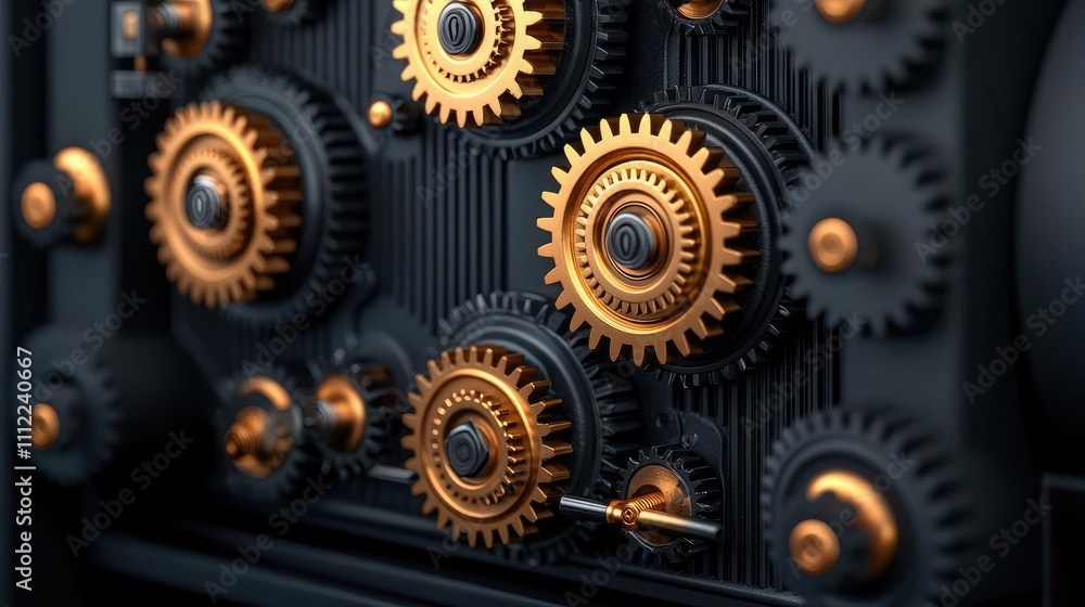 Poster intricate gears with a metallic finish on a dark background, showcasing engineering design.
