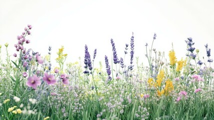 Flower garden, meadow, and grass on a white background