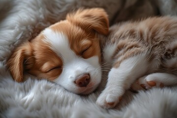 Cute puppy sleeping peacefully on soft blanket in cozy indoor setting during late afternoon