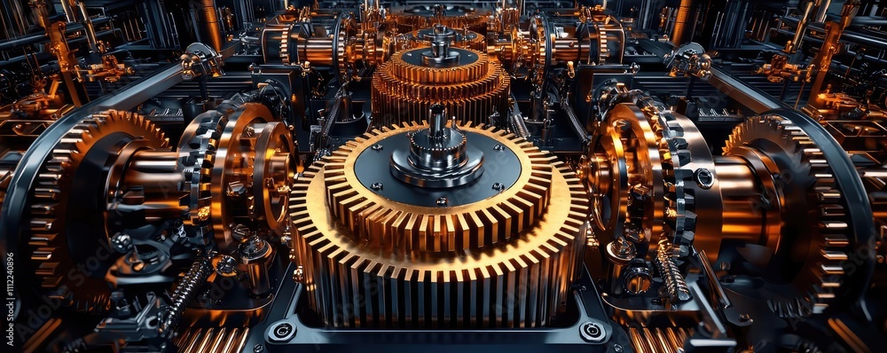 Poster intricate gears and machinery in a factory setting, showcasing modern engineering.