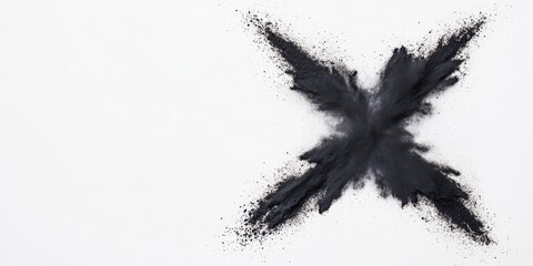 A striking black powder mark creating an abstract X shape on a white background.