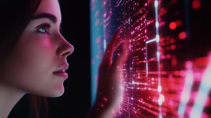 Young woman interacting with digital technology on a luminous screen in a futuristic setting