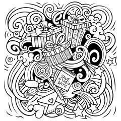 Naklejka premium Happy Birthday vector doodles illustration. Holiday elements and objects cartoon background