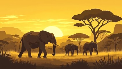 Obraz premium Silhouette of African elephants walking across the savanna at sunset. Golden light illuminates the landscape, acacia trees, and rolling hills.
