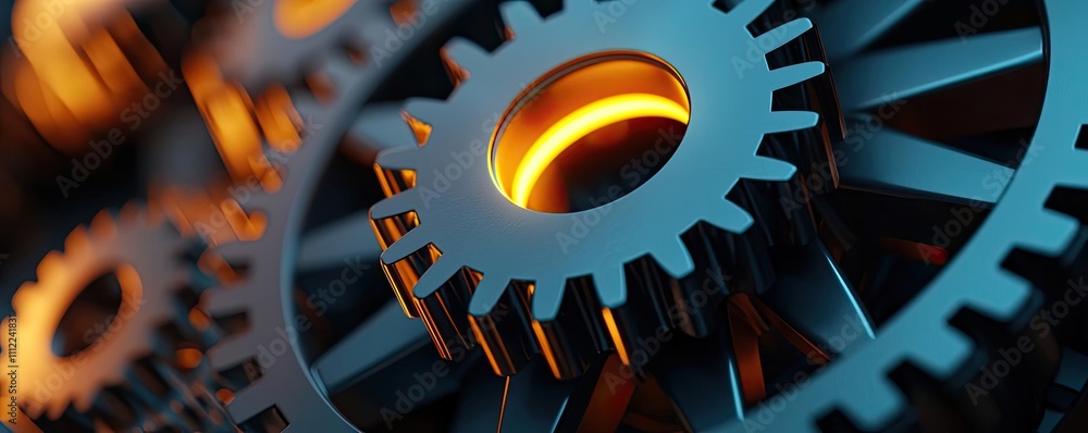 Poster close-up of metallic gears with an illuminated center, isolated on white background.