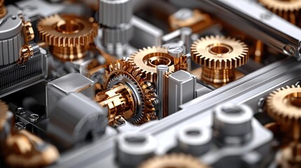 Naklejka premium Close-up of shiny gears in a mechanical device, showcasing intricate details.