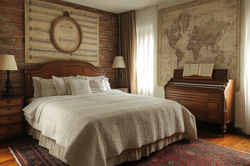 Antique Bedroom Featuring Wooden Bed and Musical Decor