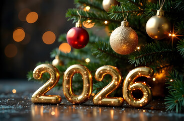 Gold
numbers 2026 illuminated on a blurred background with a Christmas tree decorated with toys and balls and bokeh lights. Happy New Year. Festive horizontal banner, card.