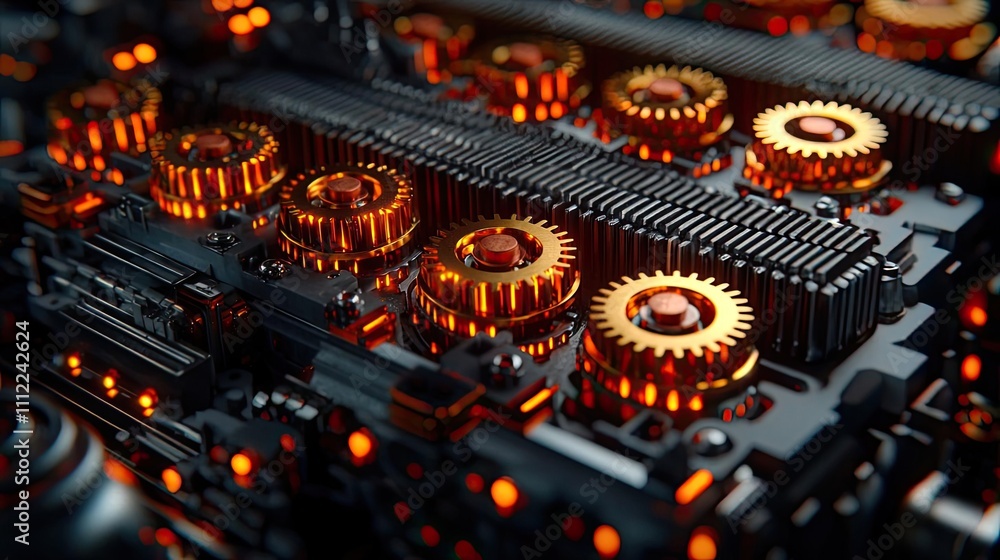 Poster close-up of metallic gears with glowing lights, showcasing intricate mechanical details.
