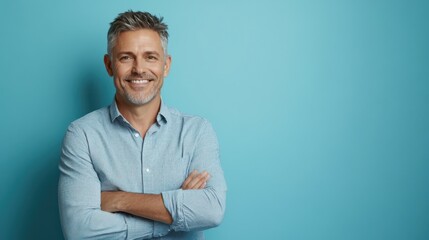 Happy mature man in his forties wearing casual shirt standing isolated on blue background. Smiling middle aged professional businessman looking at camera with arms crossed, portrait.