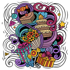Happy Birthday vector doodles illustration. Holiday elements and objects cartoon background
