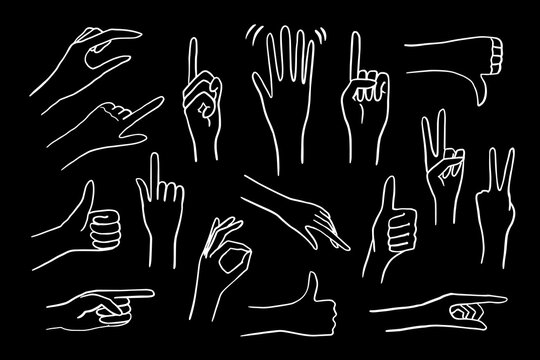 Set of hands gesture. Humbs up, salute, gesture v, thumbs down, index finger, hand gestures, hands emojis. Index Finger Down, Index Finger Pointing To The Right, Index Finger Pointing. Doodle