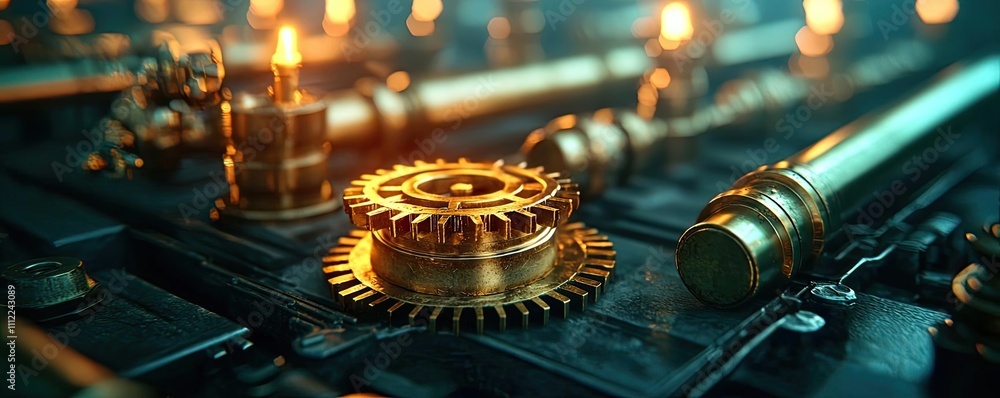 Poster close-up of a metallic gear with illuminated elements in a mechanical environment.