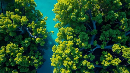 Naklejka premium Aerial Mangrove Forest Gulf, Lush Green, Tranquil Water, Vibrant Colors